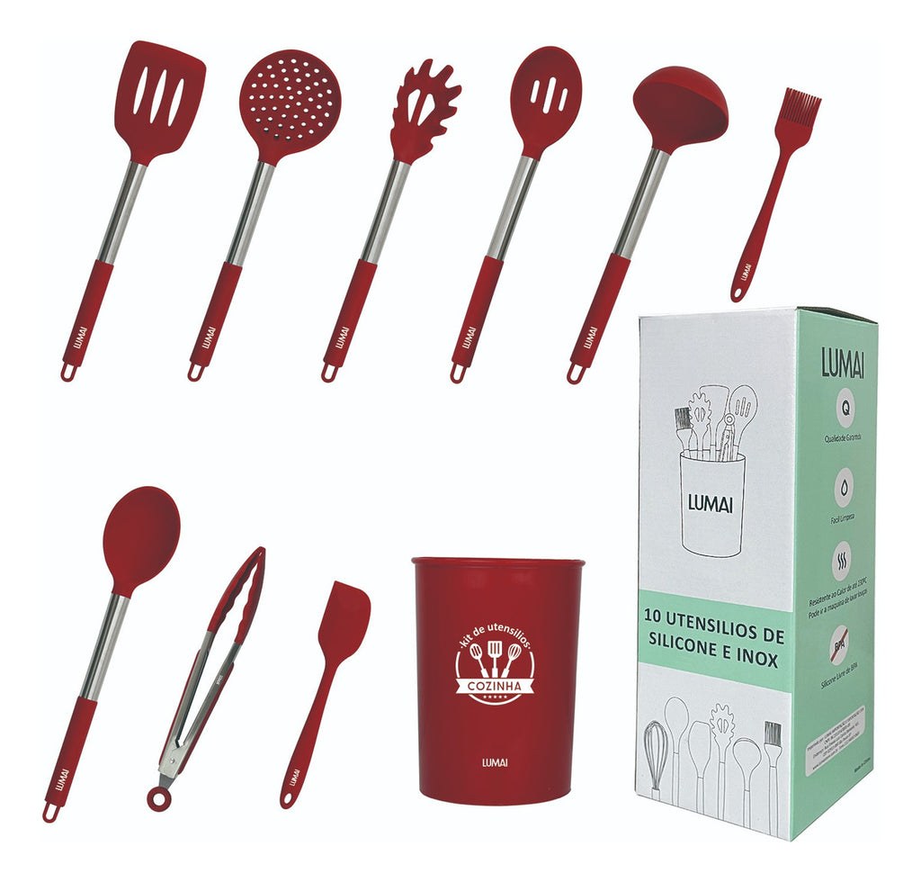 Kit de 10 Utensílios com Cabo de Aço Inox e Silicone Barcelona Vermelho