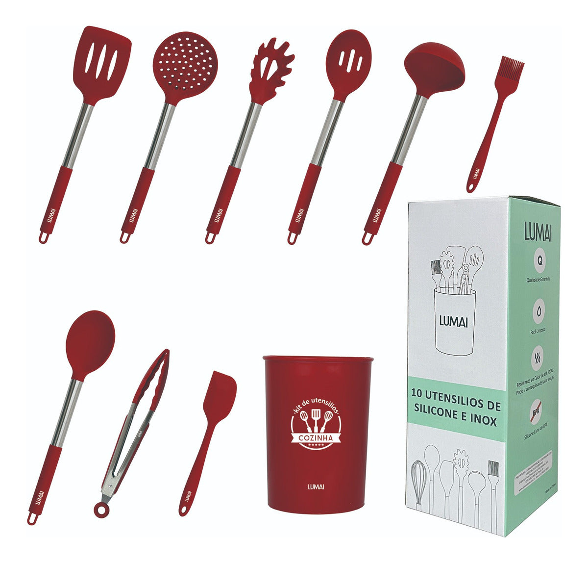 Kit de 10 Utensílios com Cabo de Aço Inox e Silicone Barcelona Vermelho