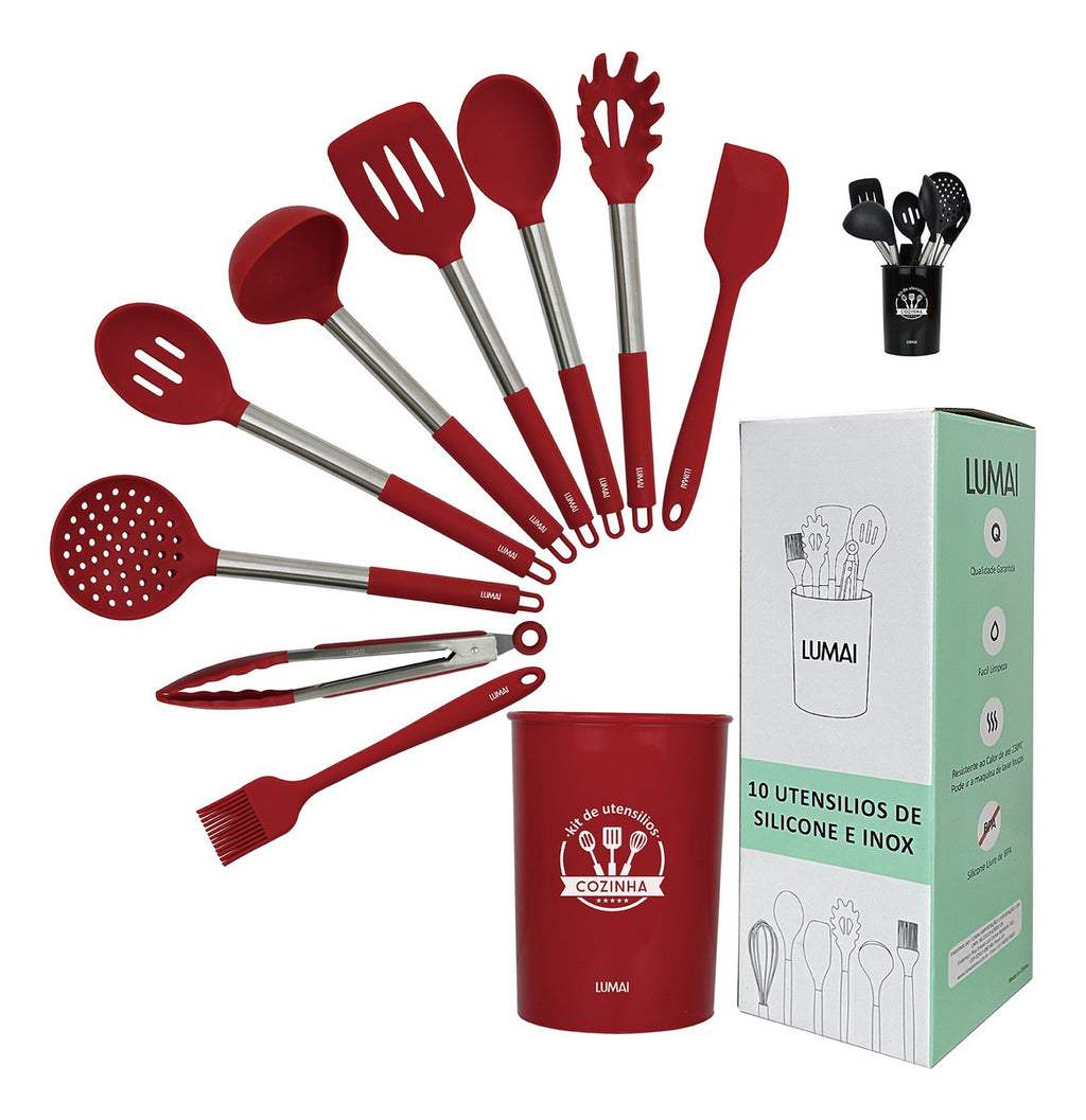 Kit de 10 Utensílios com Cabo de Aço Inox e Silicone Barcelona Vermelho