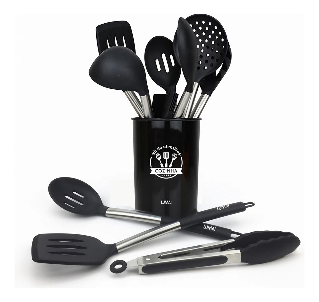 Kit de 10 Utensílios com Cabo de Aço Inox e Silicone Barcelona Preto