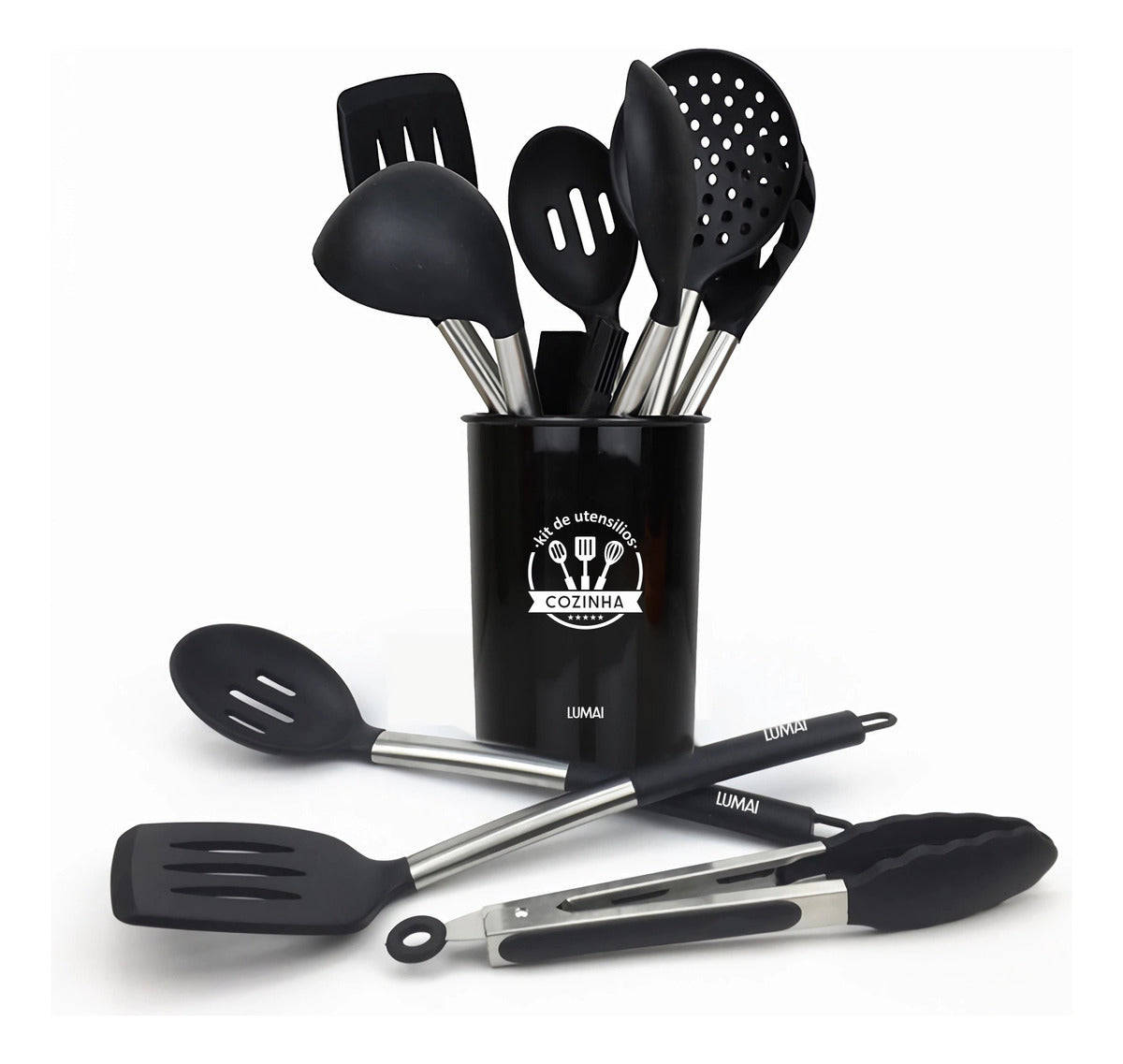 Kit de 10 Utensílios com Cabo de Aço Inox e Silicone Barcelona Preto
