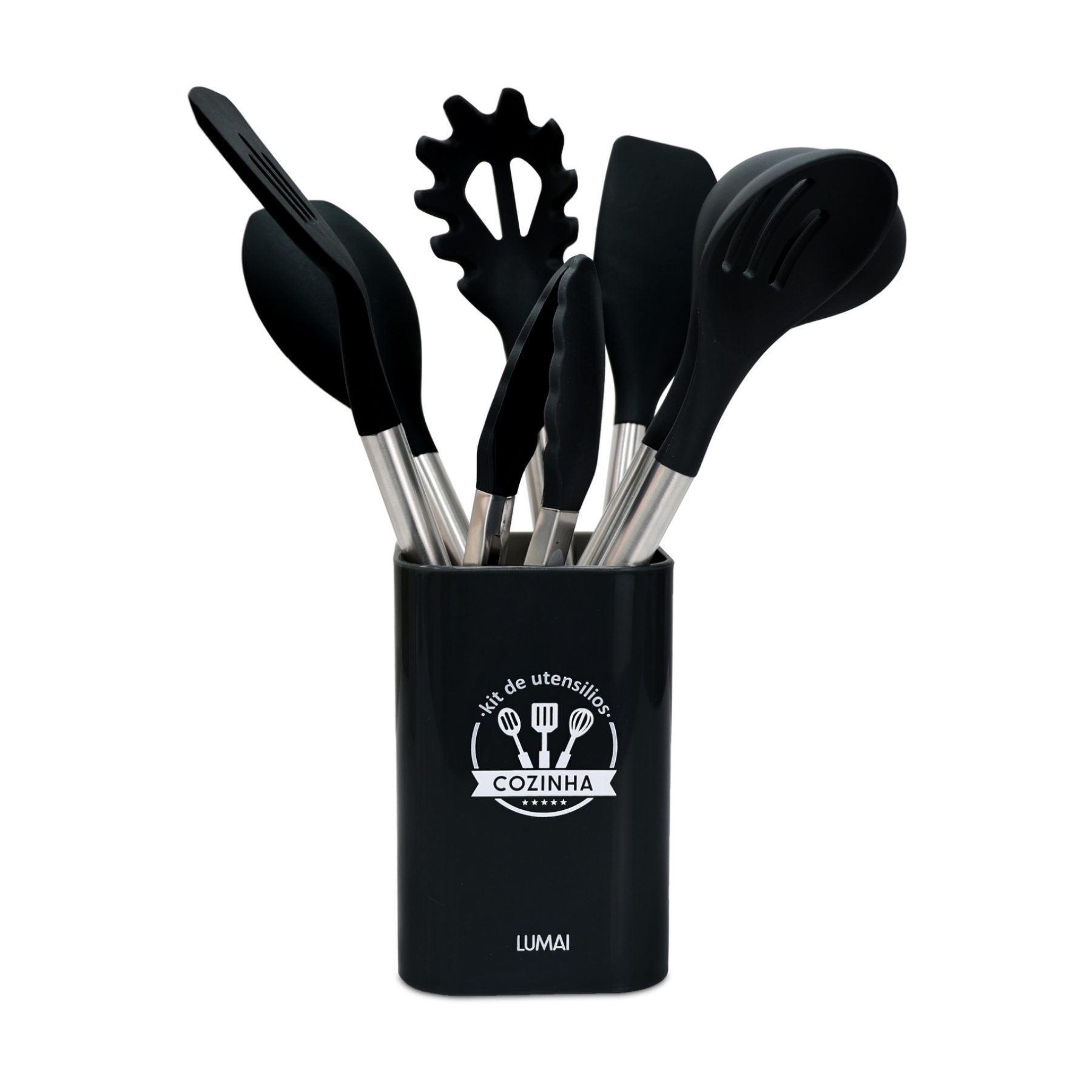 Kit de 8 Utensílios de Cozinha de Inox e Silicone Berlim Preto