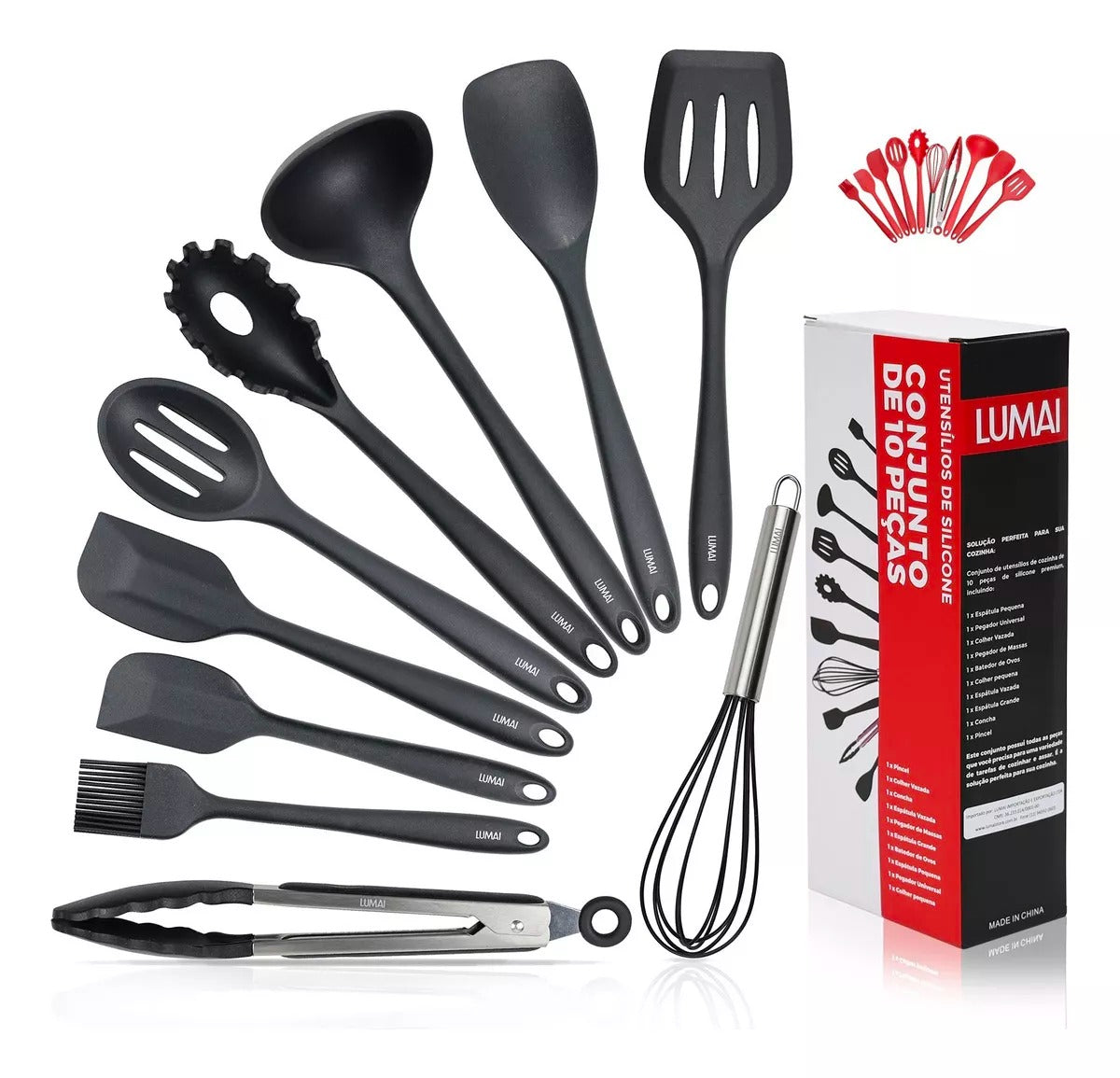 Kit 10 Utensilios de Silicone Miami Preto