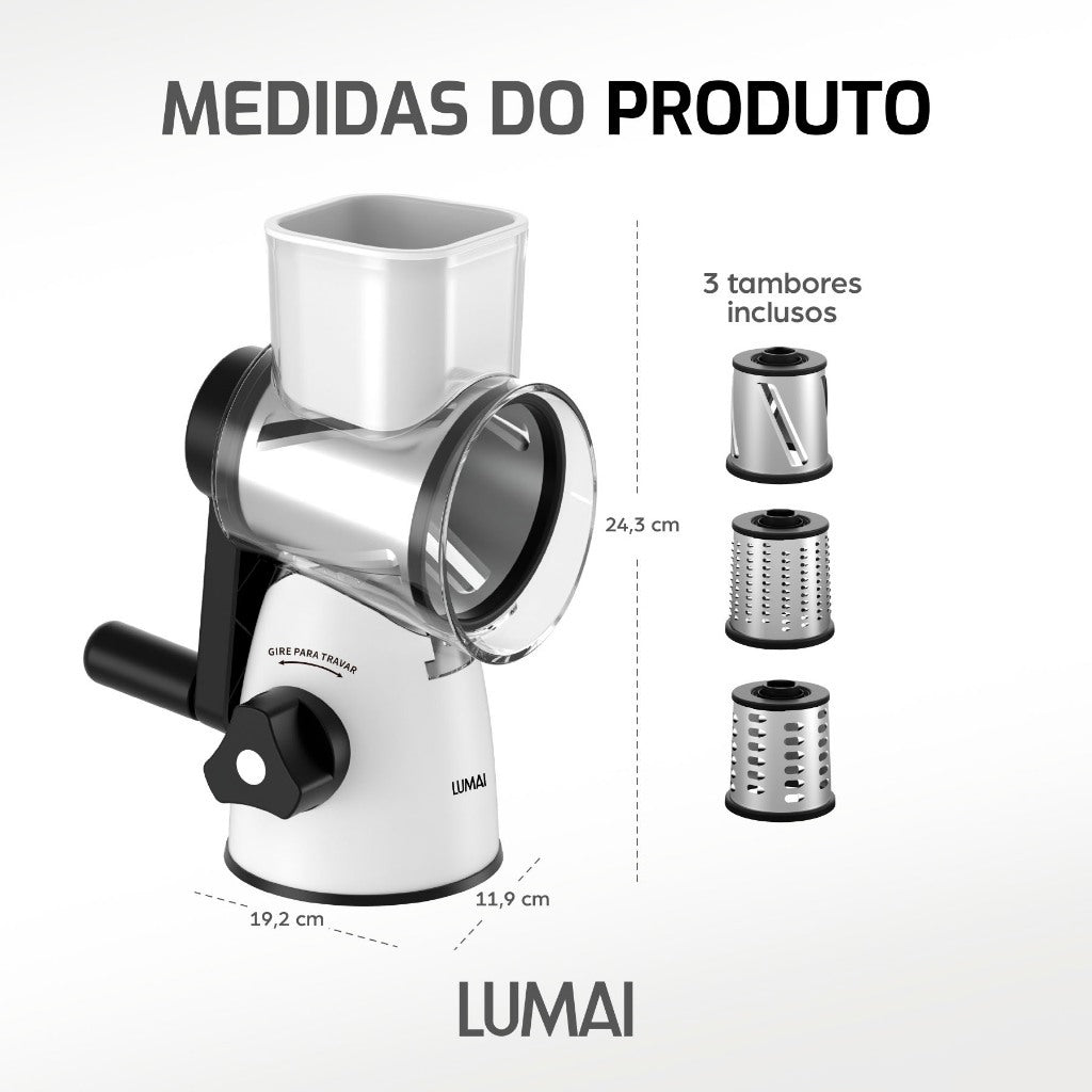 Ralador e Fatiador de Manivela com 3 Tambores Inox Parma