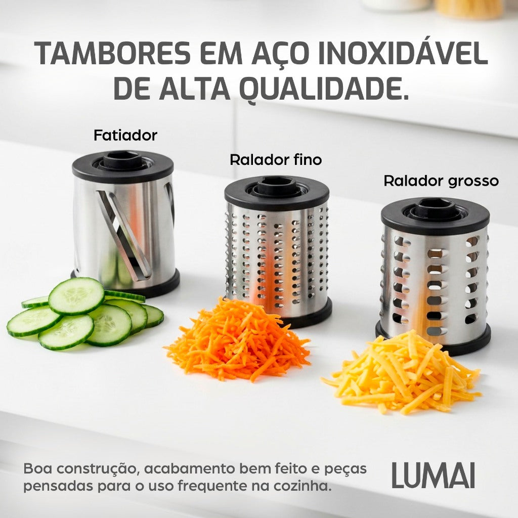 Ralador e Fatiador de Manivela com 3 Tambores Inox Parma