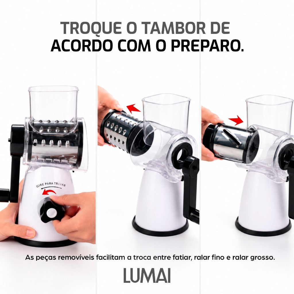 Ralador e Fatiador de Manivela com 3 Tambores Inox Parma