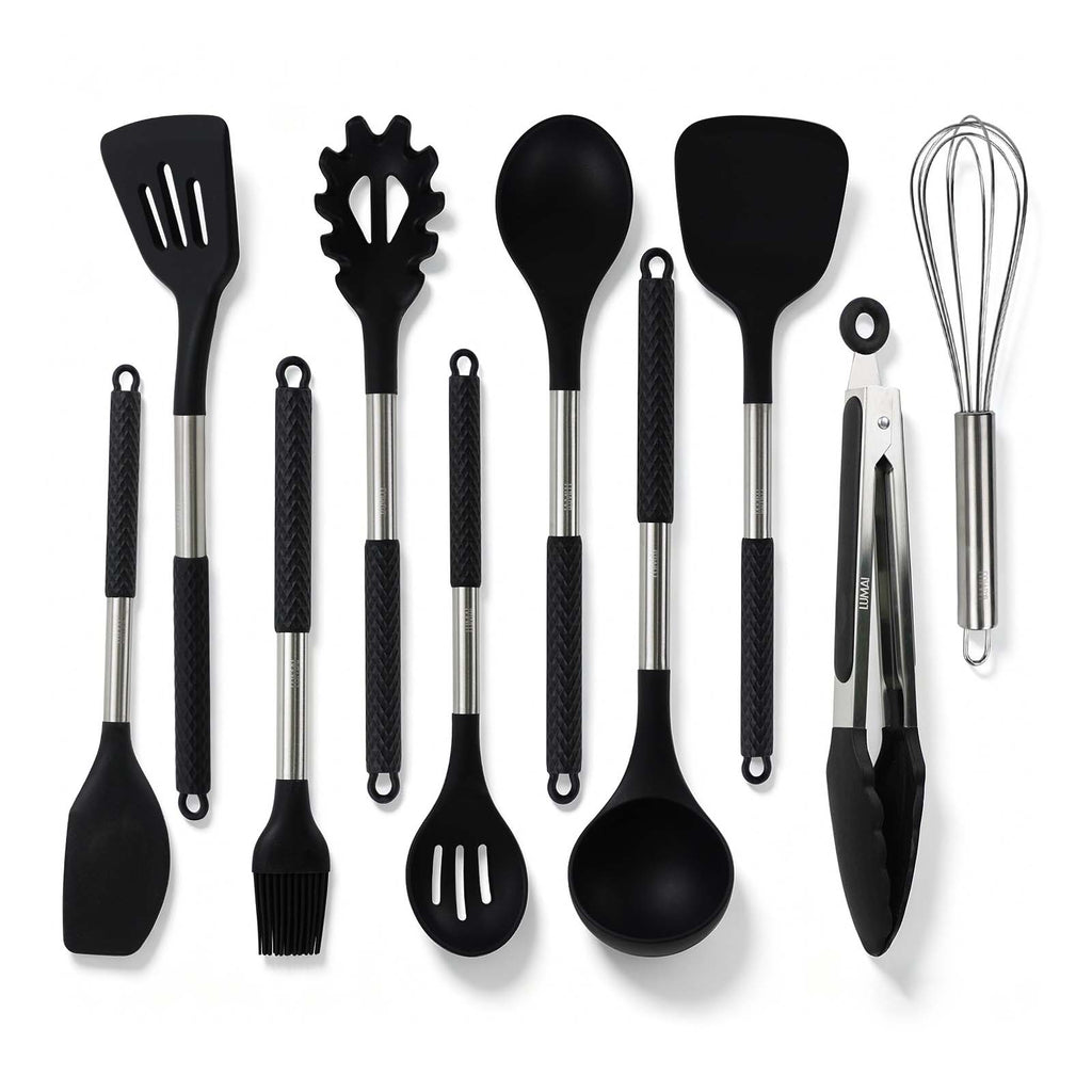Kit de 10 Utensílios com Cabo de Aço Inox e Silicone Berlim Preto
