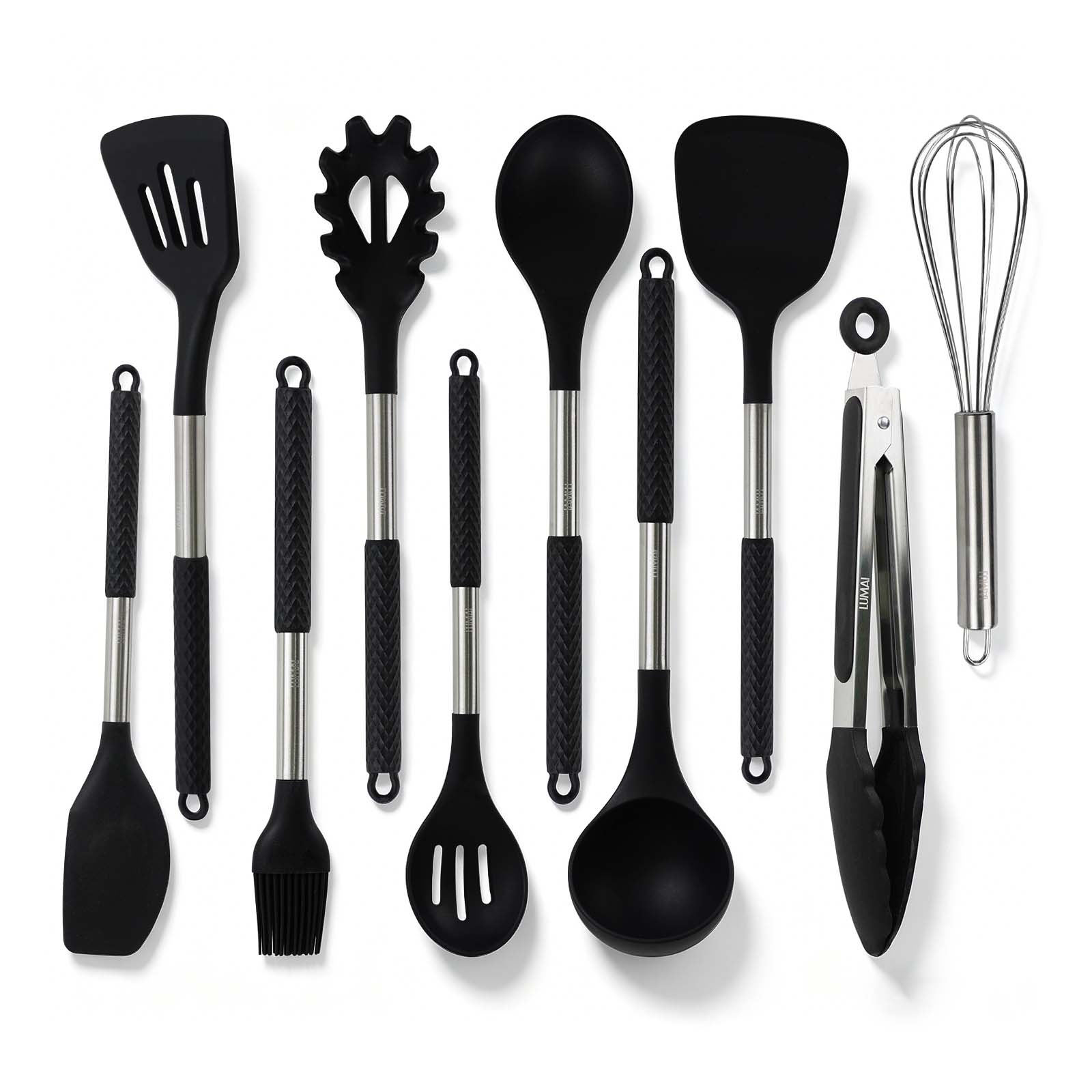 Kit de 10 Utensílios com Cabo de Aço Inox e Silicone Berlim Preto