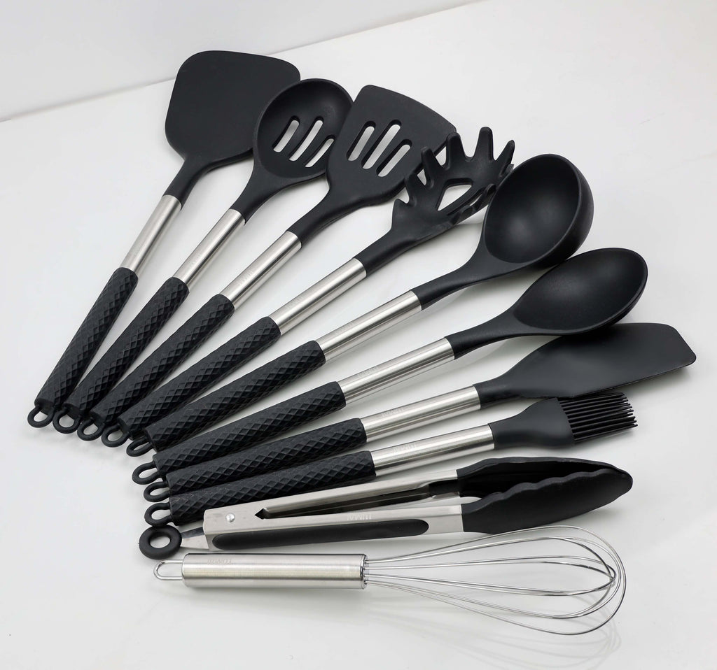 Kit de 10 Utensílios com Cabo de Aço Inox e Silicone Berlim Preto