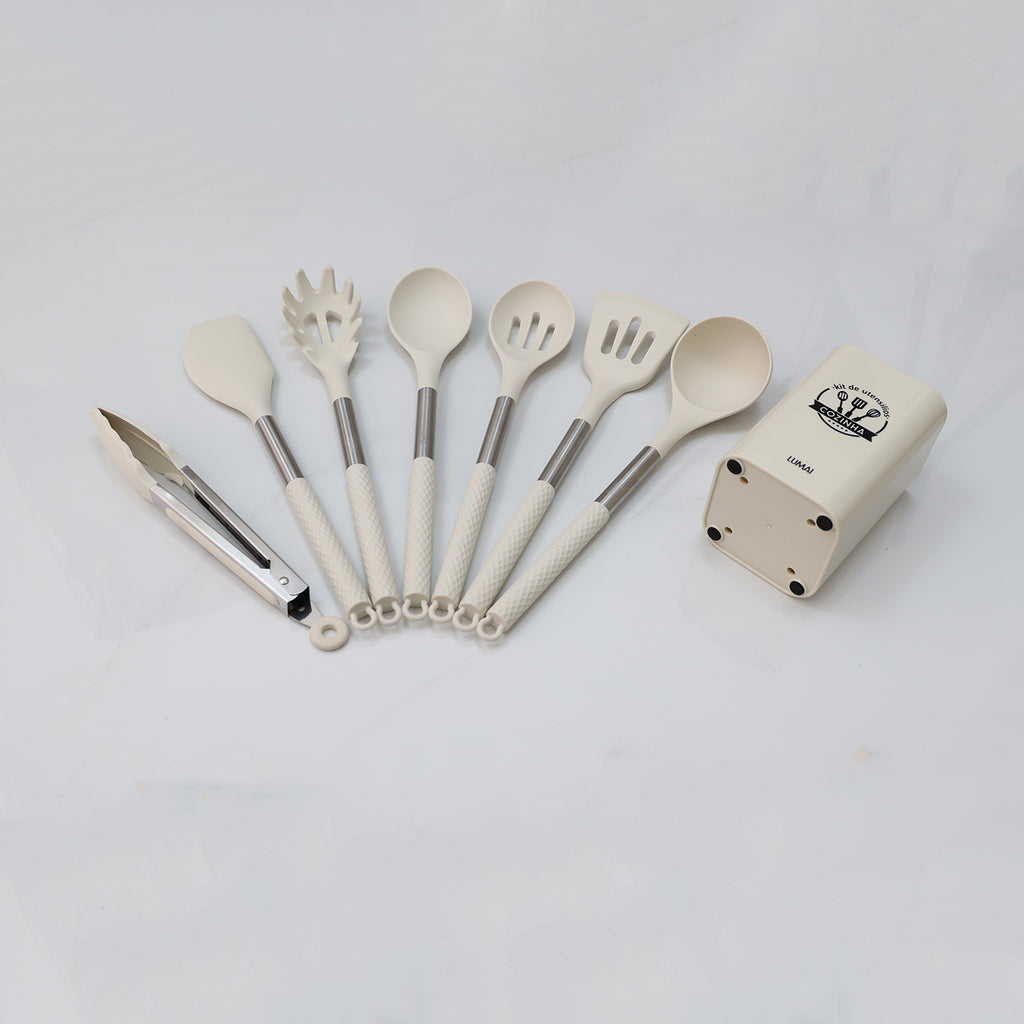 Kit de 8 Utensílios com Cabo de Aço Inox e Silicone Berlim Bege
