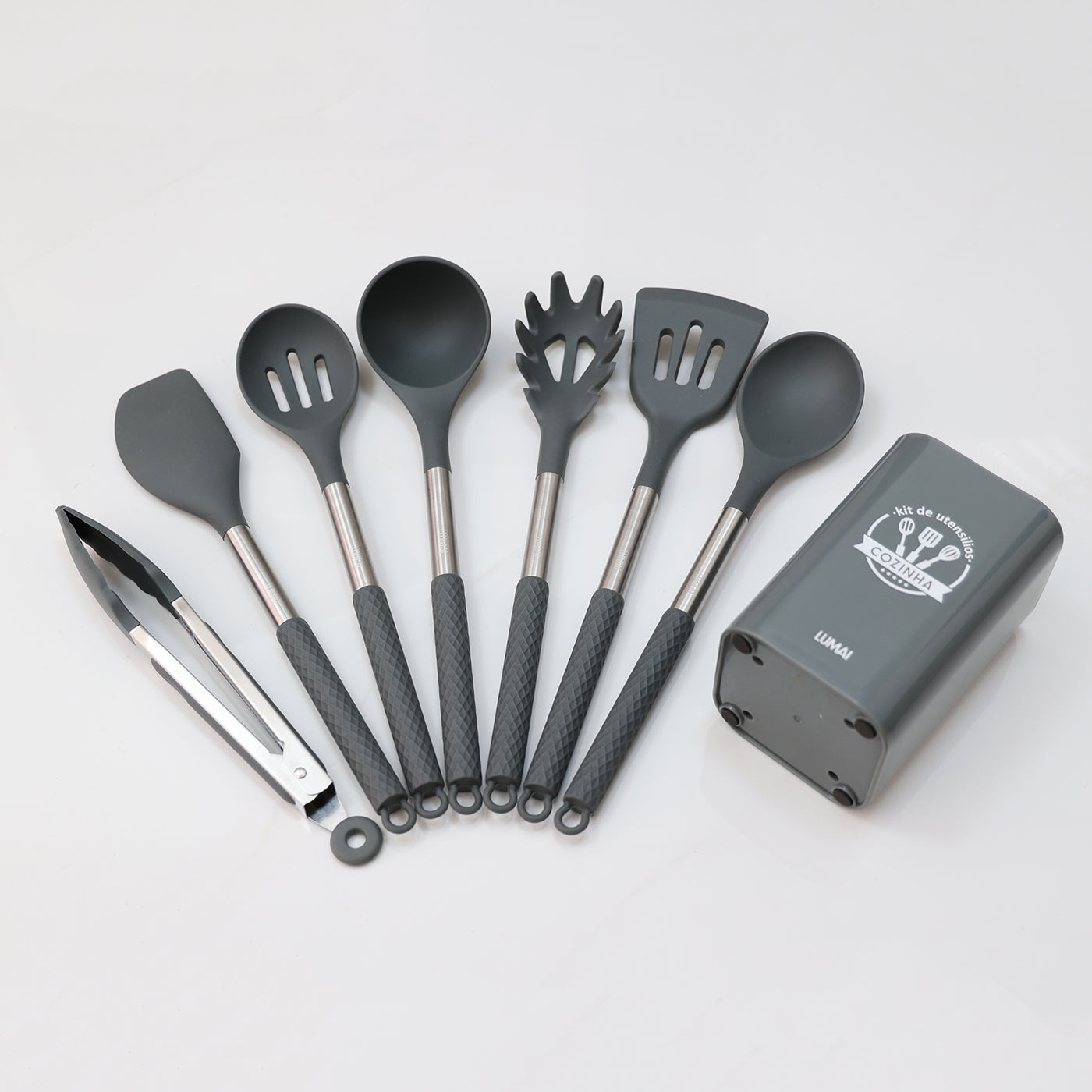 Kit de 8 Utensílios com Cabo de Aço Inox e Silicone Berlim Cinza