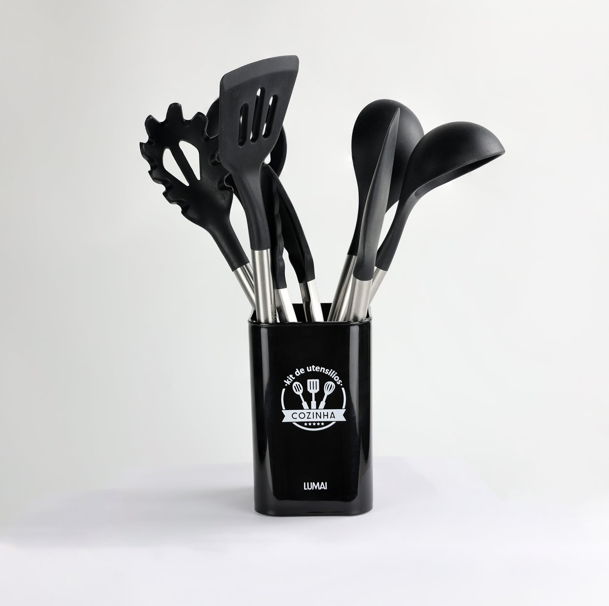 Kit de 8 Utensílios de Cozinha de Inox e Silicone Berlim Preto