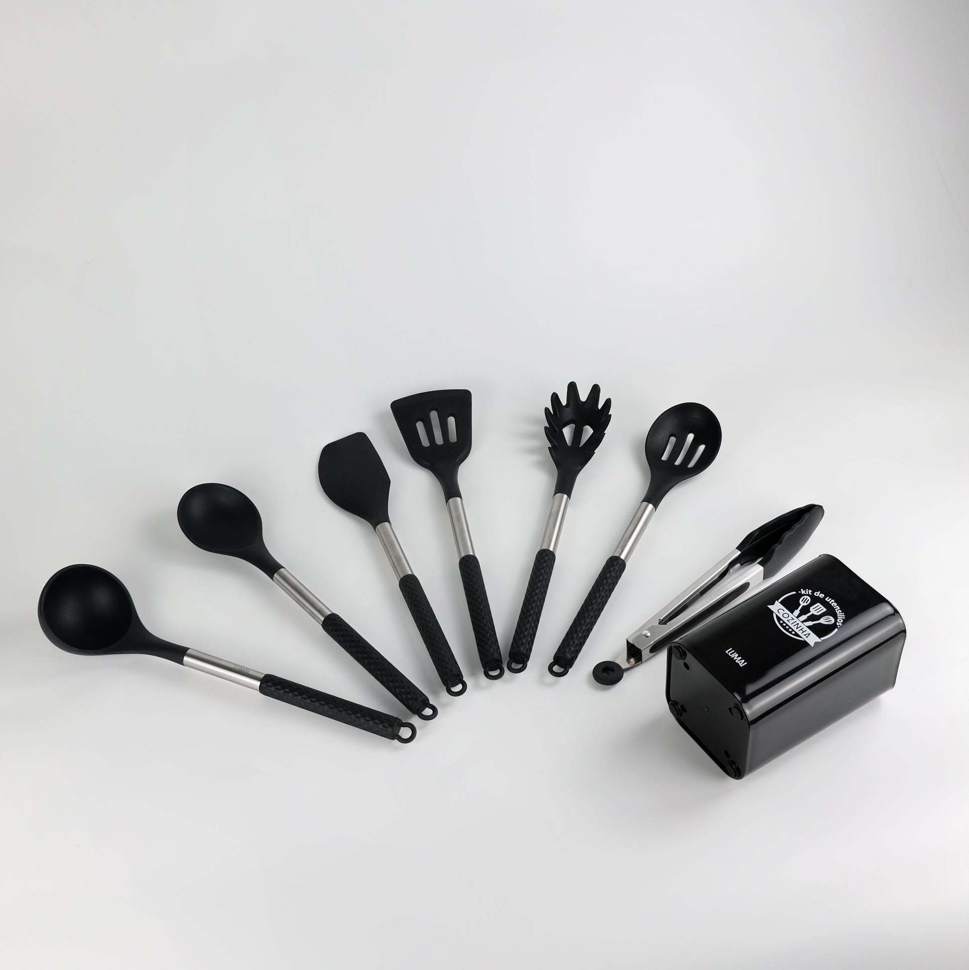 Kit de 8 Utensílios de Cozinha de Inox e Silicone Berlim Preto