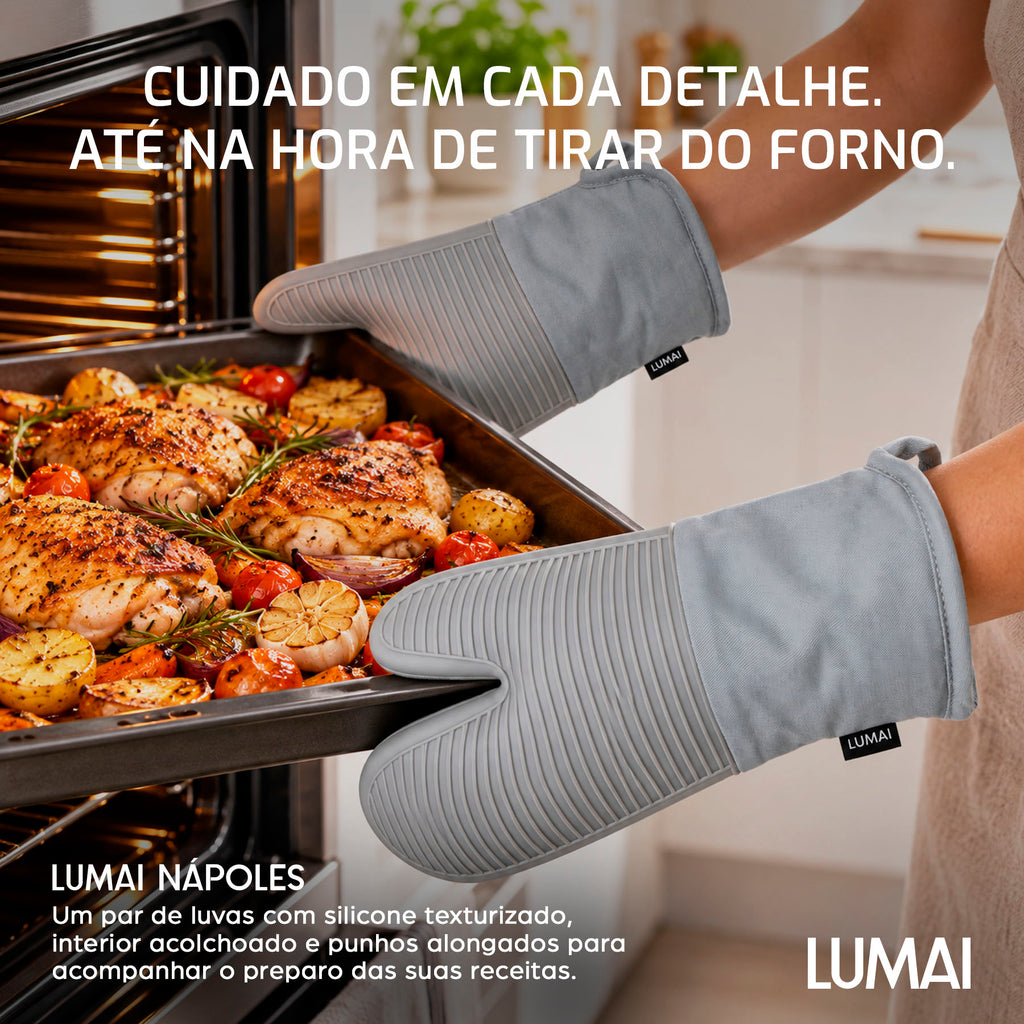 Par de Luvas de Cozinha Longas com Silicone Nápoles Cinza