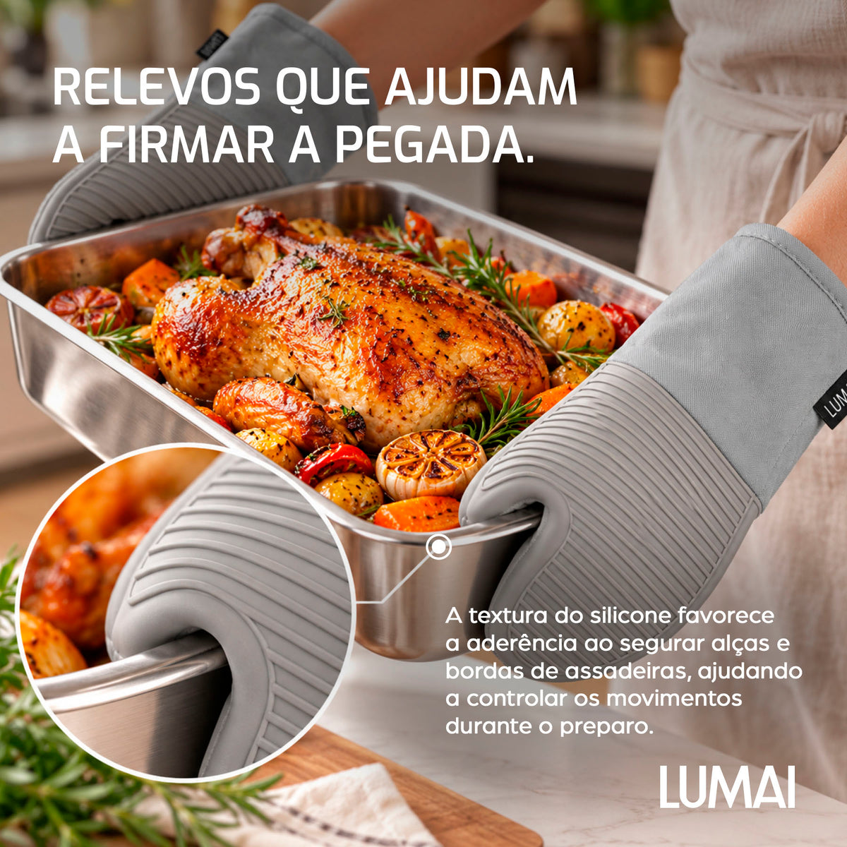 Par de Luvas de Cozinha Longas com Silicone Nápoles Cinza