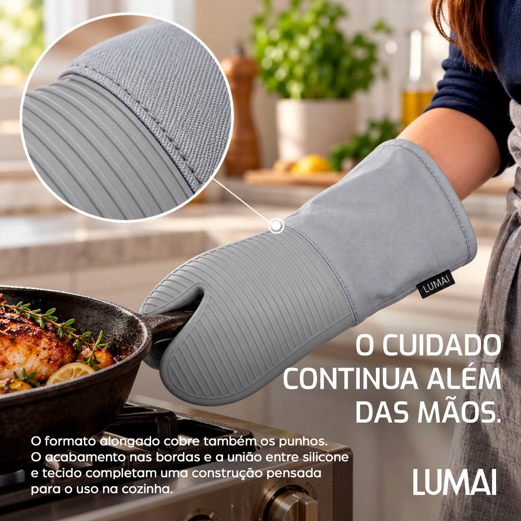 Par de Luvas de Cozinha Longas com Silicone Nápoles Cinza