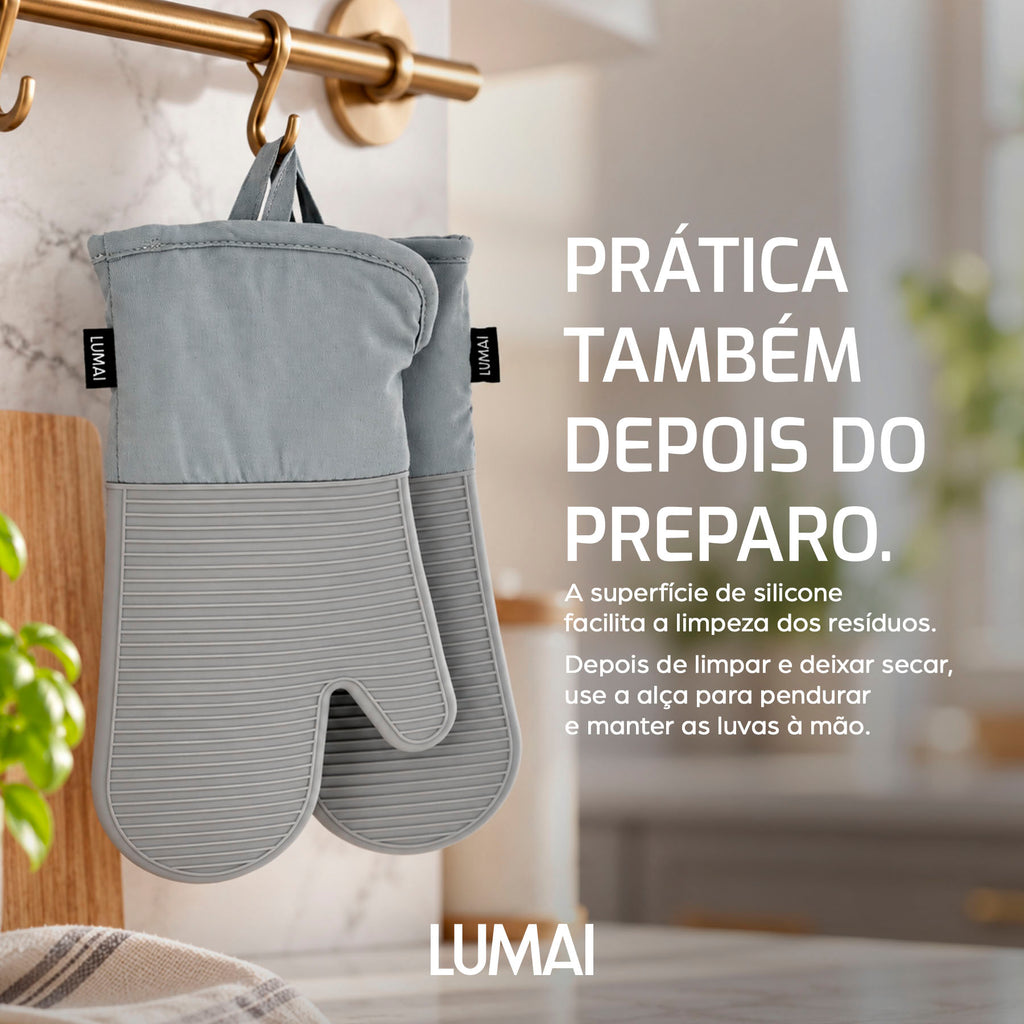 Par de Luvas de Cozinha Longas com Silicone Nápoles Cinza