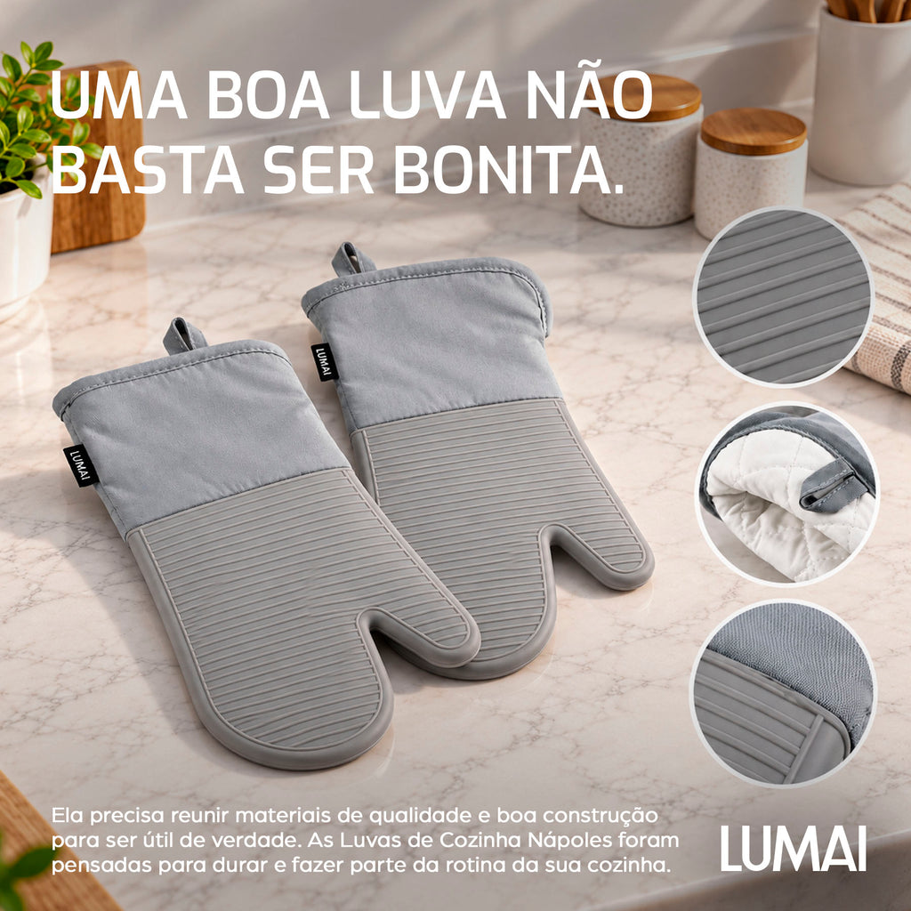Par de Luvas de Cozinha Longas com Silicone Nápoles Cinza