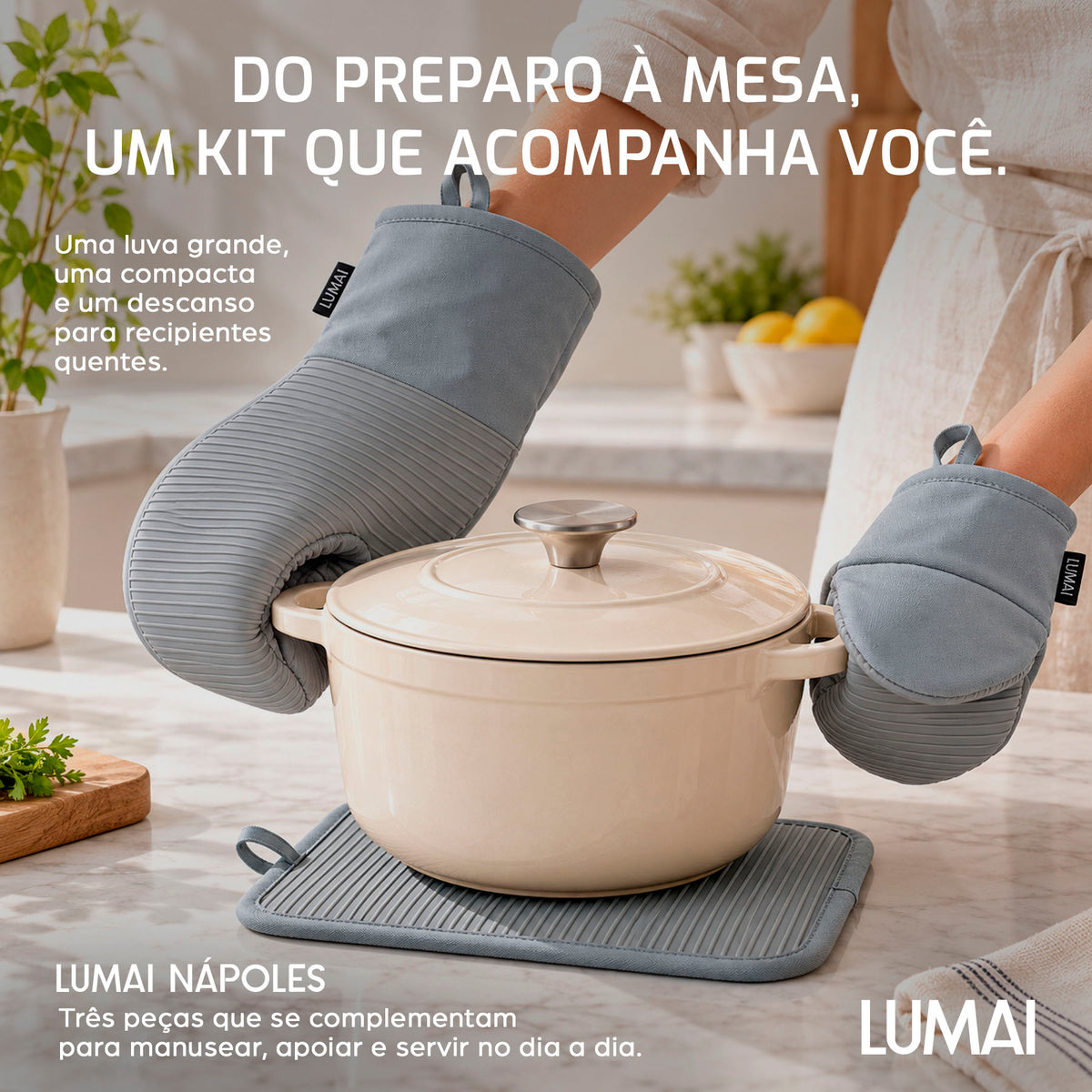 Kit de Cozinha Nápoles: Luva Longa, Luva Compacta e Descanso