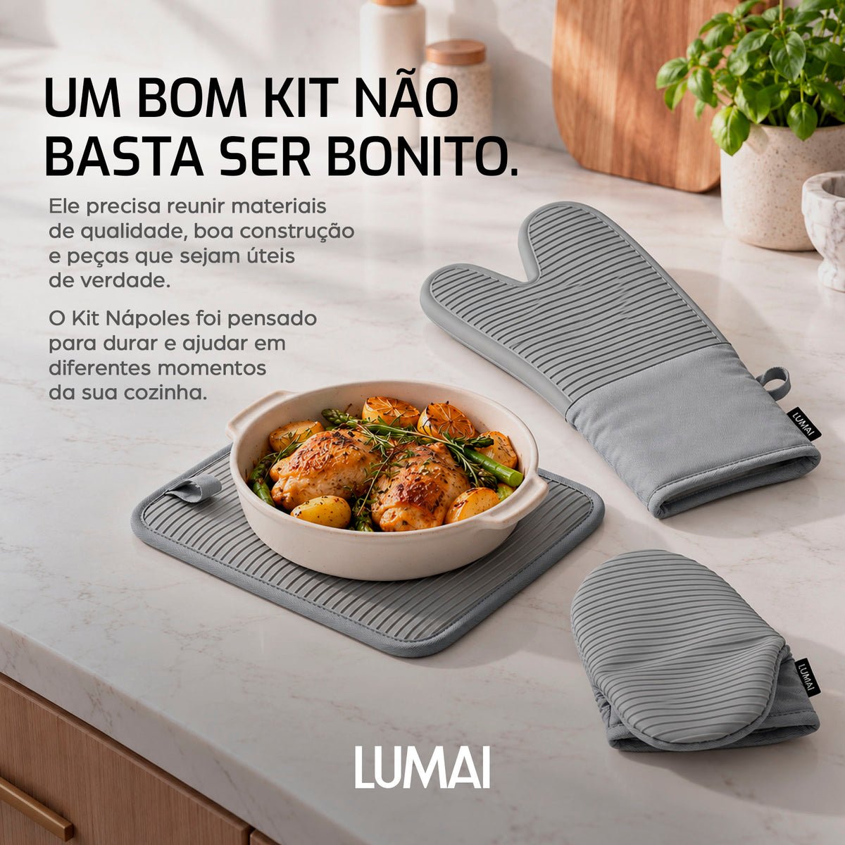 Kit de Cozinha Nápoles: Luva Longa, Luva Compacta e Descanso