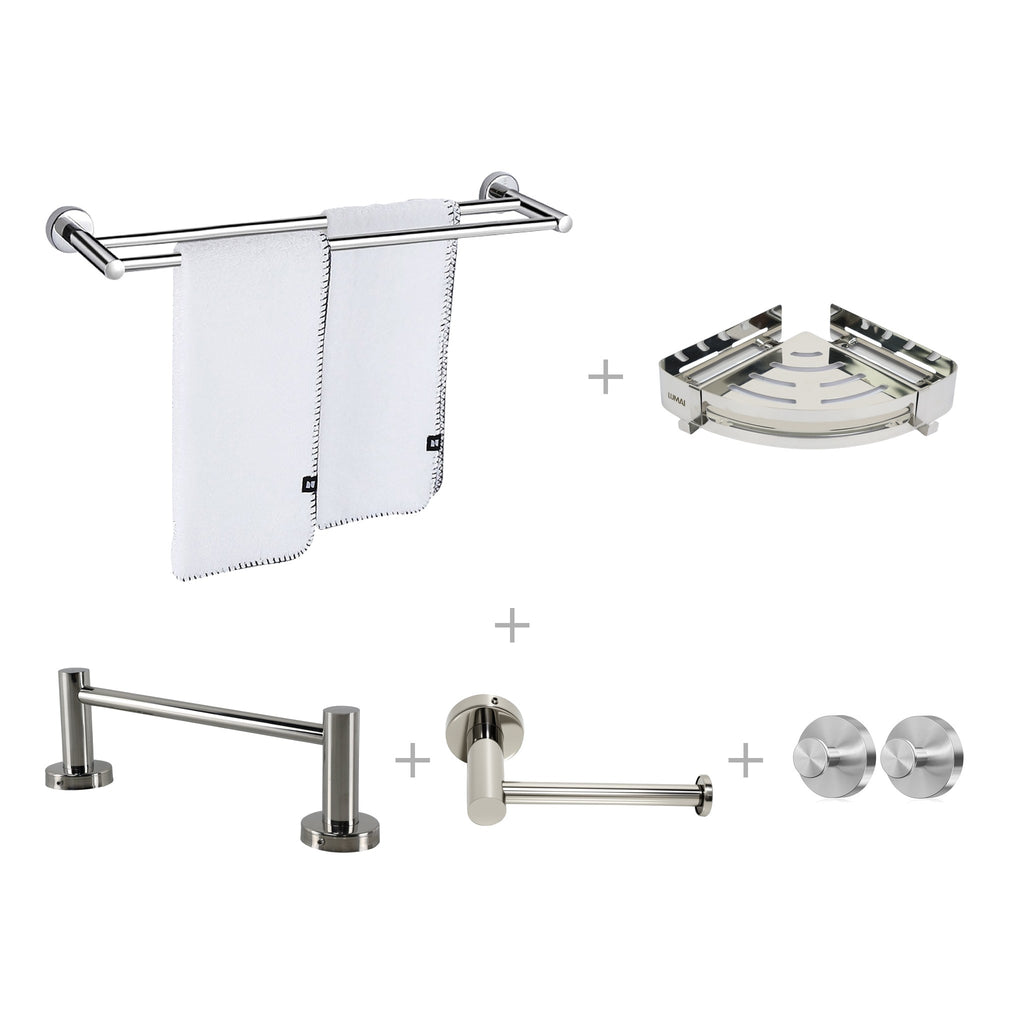 Kit Banheiro Completo: toalheiro duplo, suporte de toalha de rosto, porta papel higiênico, porta-shampoo de canto e 2 ganchos de inox