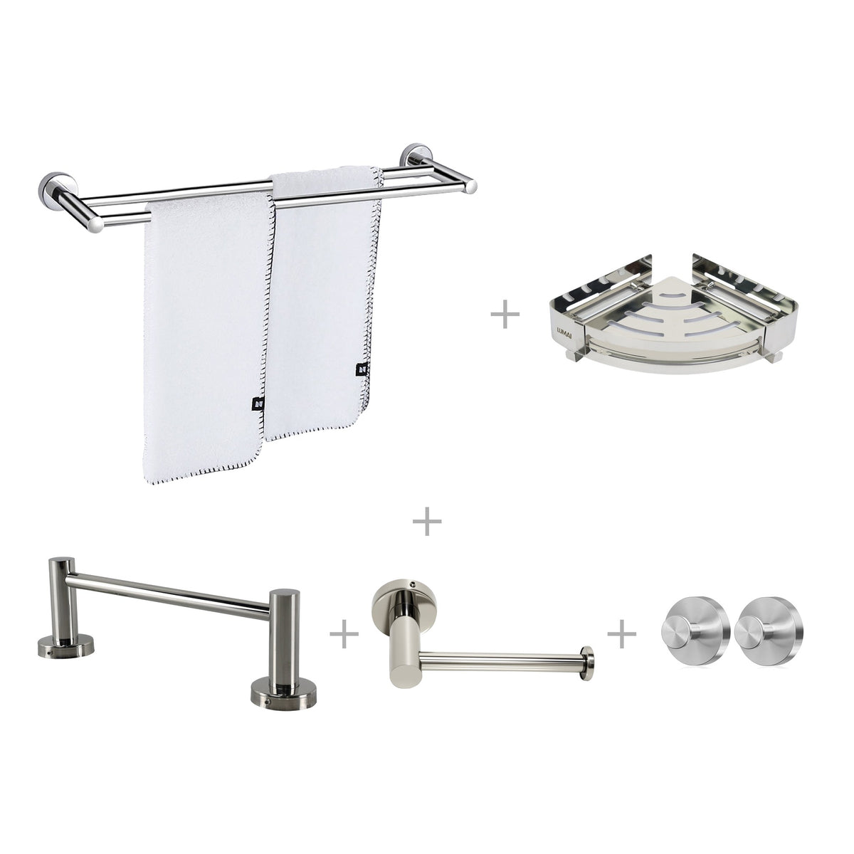 Kit Banheiro Completo: toalheiro duplo, suporte de toalha de rosto, porta papel higiênico, porta-shampoo de canto e 2 ganchos de inox