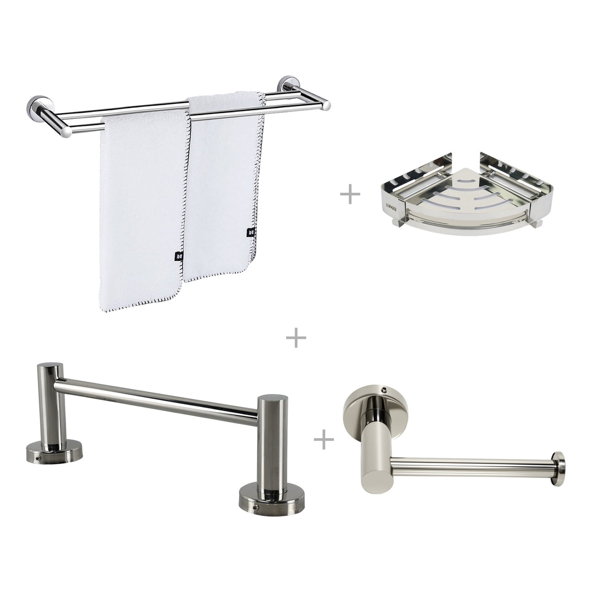 Kit Banheiro Inox Polido com 4 peças: toalheiro duplo, porta-toalha de rosto, porta-papel higiênico e porta-shampoo de canto