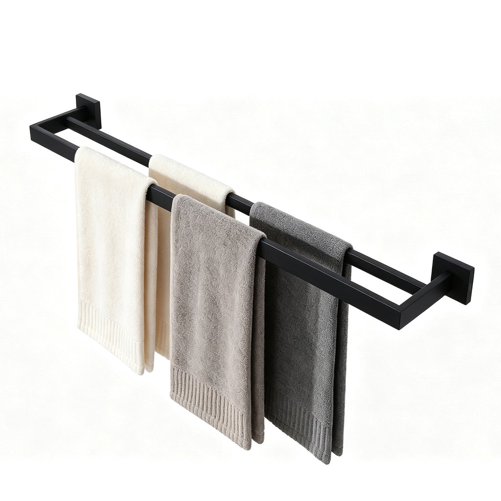 Toalheiro Duplo Aço Inox Base Quadrada Salerno Preto