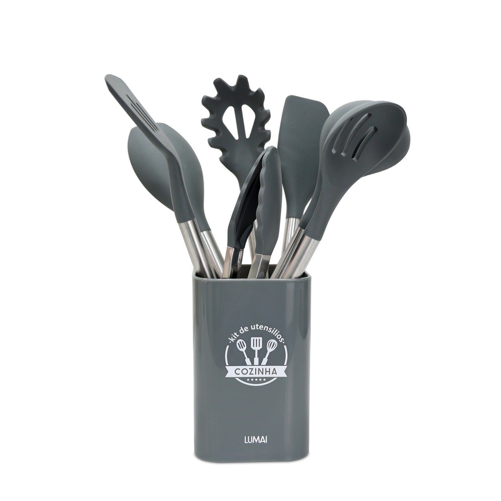 Kit de 8 Utensílios com Cabo de Aço Inox e Silicone Berlim Cinza
