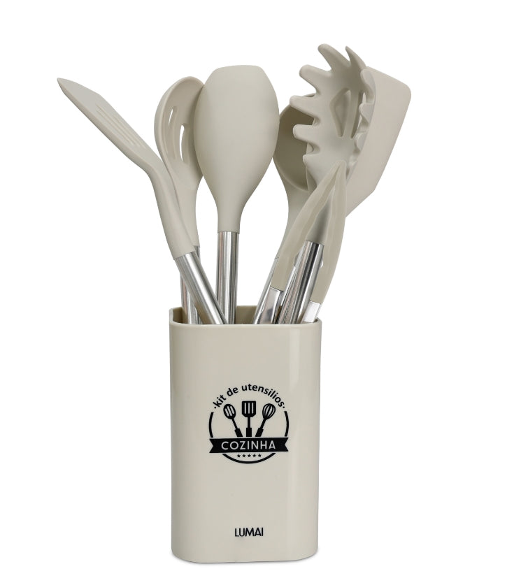Kit de 8 Utensílios com Cabo de Aço Inox e Silicone Berlim Bege