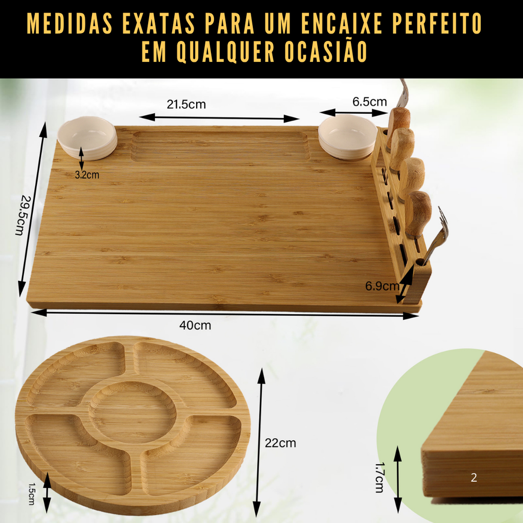 Medidas do kit Bali: tábua de 40 x 29,5 x 1,7 cm e petisqueira de 22 cm