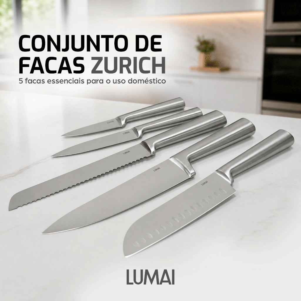 Conjunto de Facas Zurique 5 Peças em Aço Inox Lâmina Inteiriça