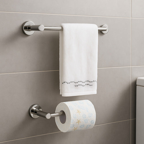Kit Suporte Toalha De Rosto E Porta Papel Higiênico Inox Prateado