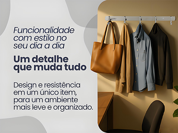 Banner do cabideiro de parede com roupas e bolsa penduradas destacando funcionalidade e estilo no dia a dia