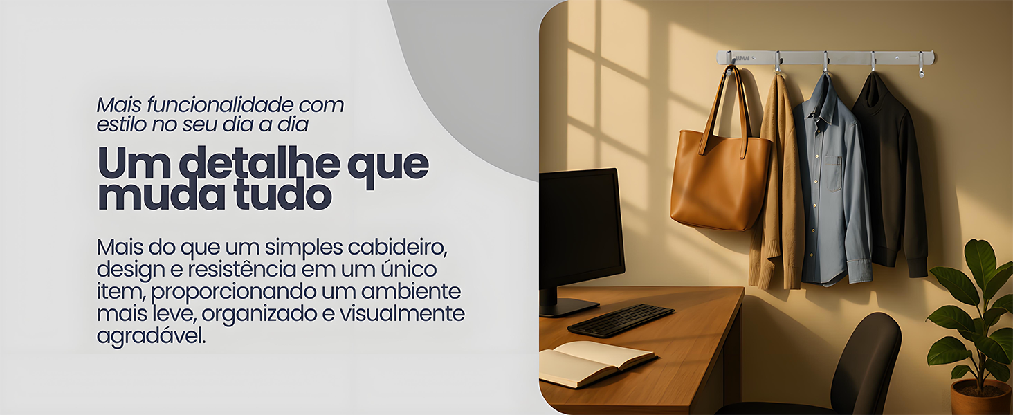 Banner do cabideiro de parede com roupas e bolsa penduradas em escritório moderno, design e resistência únicos