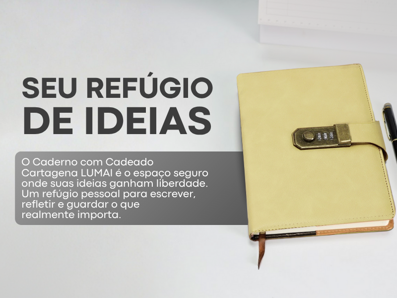Banner quadrado do Caderno com Cadeado Cartagena LUMAI amarelo com a frase Seu Refúgio de Ideias e descrição do produto ao lado