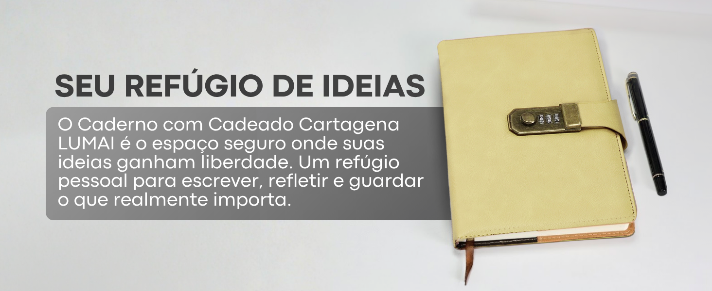 Banner horizontal do Caderno com Cadeado Cartagena LUMAI amarelo com caneta, frase Seu Refúgio de Ideias e descrição do produto