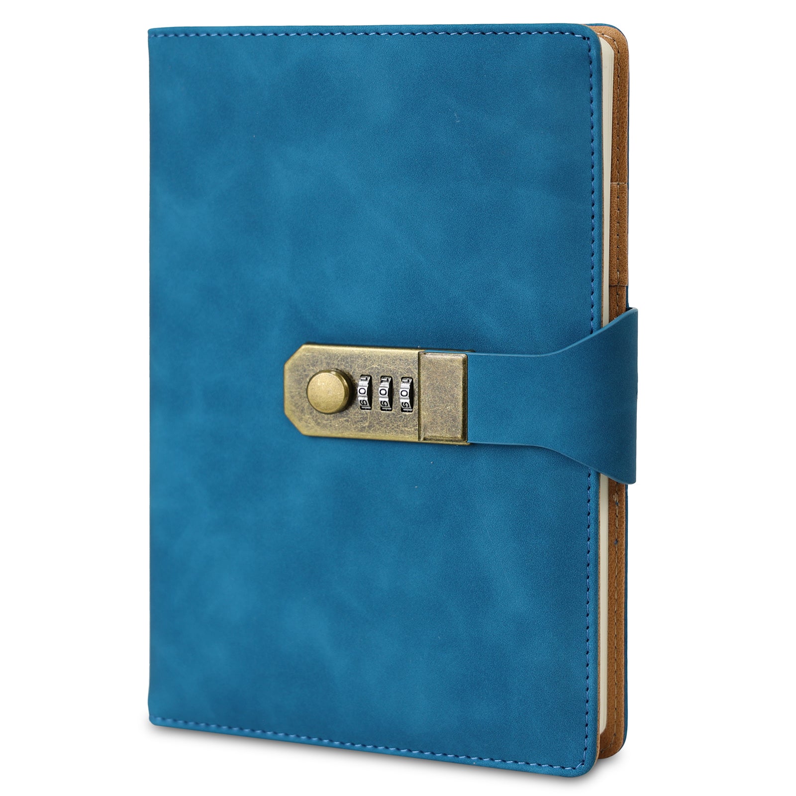 Foto de produto do Caderno com Cadeado Cartagena LUMAI na cor azul/teal, com capa em couro sintético e fechadura de combinação dourada, sobre fundo branco.