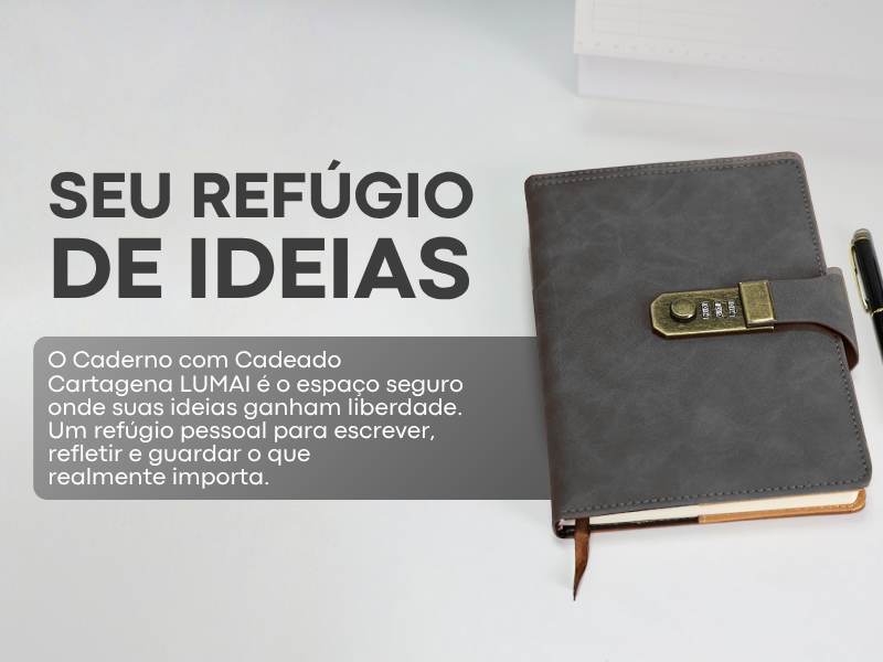 Banner quadrado do Caderno com Cadeado Cartagena LUMAI grafite com a frase Seu Refúgio de Ideias e descrição do produto ao lado