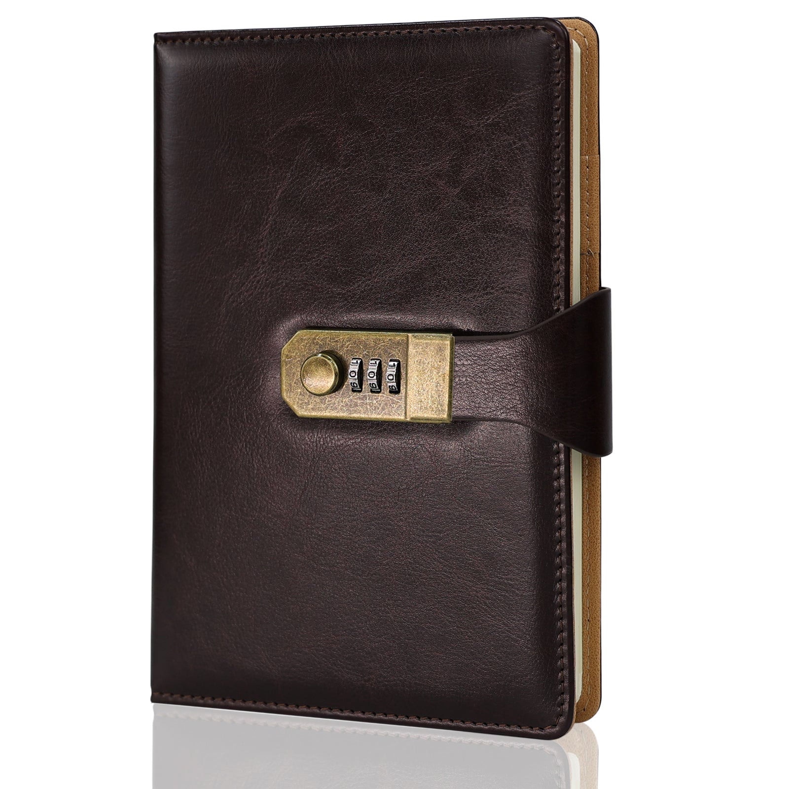 Foto de produto do Caderno com Cadeado Cartagena LUMAI na cor marrom escuro, com capa em couro sintético e fechadura de combinação dourada, sobre fundo branco.
