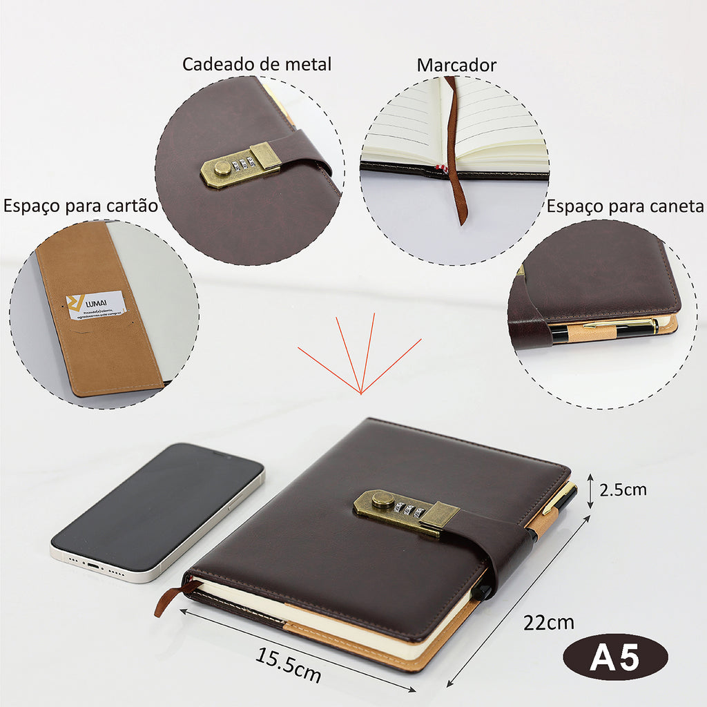 Infográfico do Caderno com Cadeado Cartagena LUMAI preto mostrando detalhes: cadeado de metal, marcador, espaço para cartão e caneta, medidas A5 15,5x22cm.
