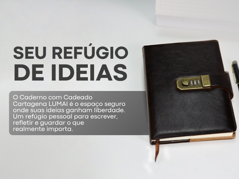 Banner quadrado do Caderno com Cadeado Cartagena LUMAI preto com a frase Seu Refúgio de Ideias e descrição do produto ao lado