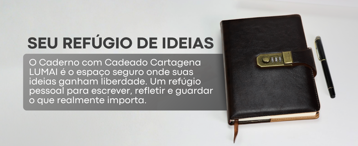 Banner horizontal do Caderno com Cadeado Cartagena LUMAI preto com caneta, frase Seu Refúgio de Ideias e descrição do produto