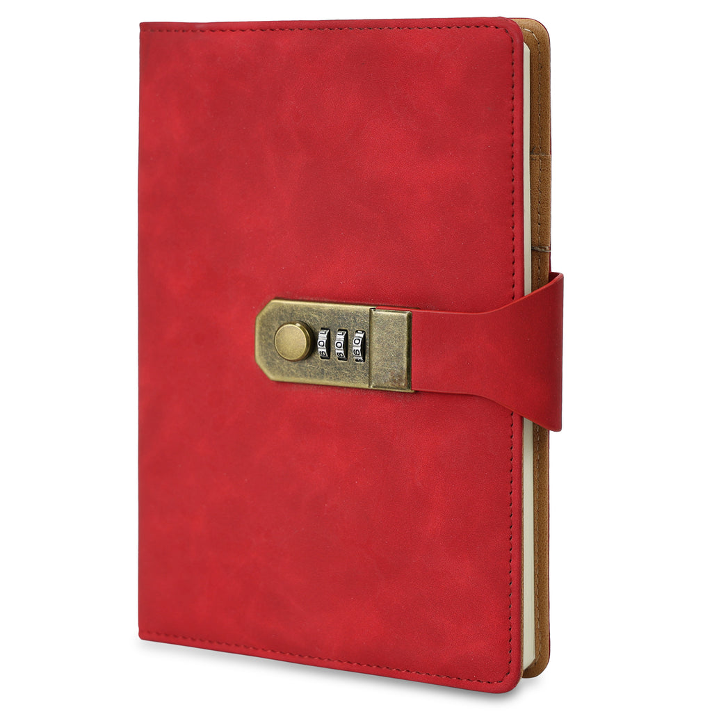 Foto de produto do Caderno com Cadeado Cartagena LUMAI na cor vermelha, com capa em couro sintético e fechadura de combinação dourada, sobre fundo branco.