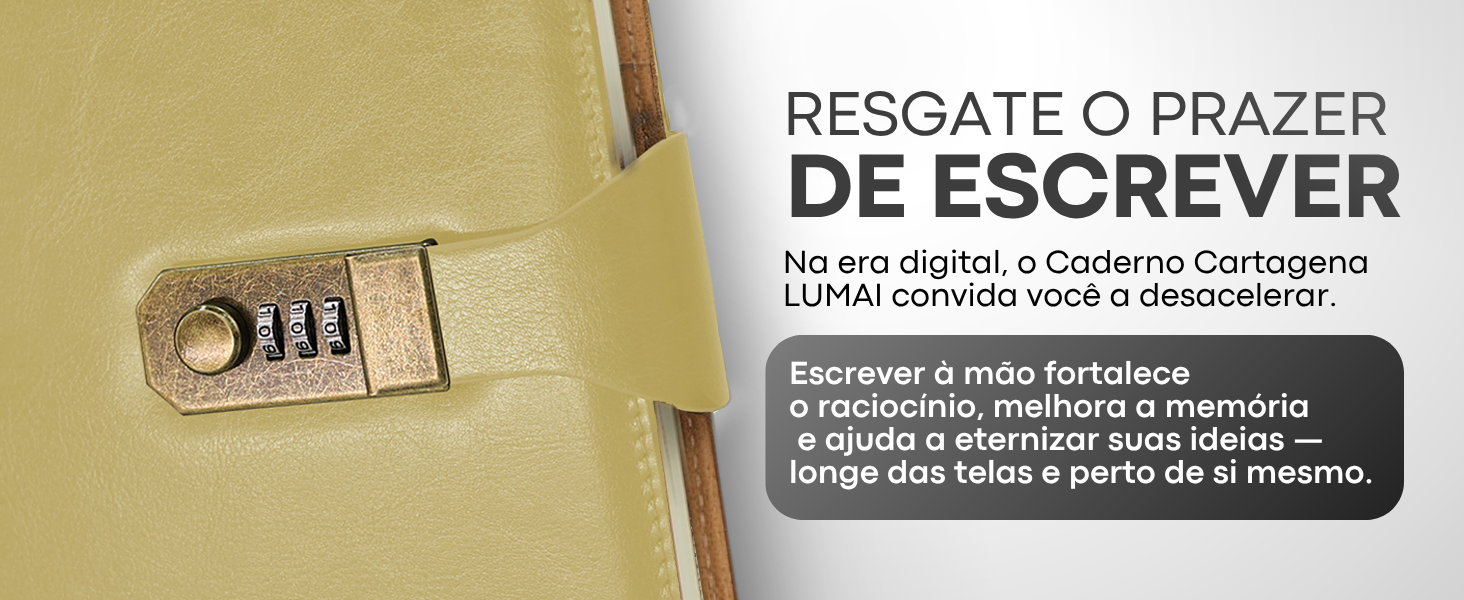 Banner horizontal do Caderno com Cadeado Cartagena LUMAI amarelo com a frase Resgate o Prazer de Escrever e texto sobre os benefícios de escrever à mão