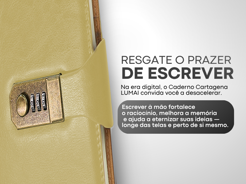 Banner quadrado do Caderno com Cadeado Cartagena LUMAI amarelo com a frase Resgate o Prazer de Escrever e texto sobre os benefícios de escrever à mão