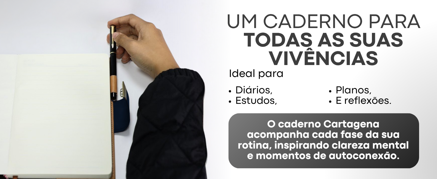 Banner horizontal do Caderno Cartagena Lumai azul com mão segurando e caneta, texto: Um Caderno para Todas as Suas Vivências — ideal para diários, estudos, planos e reflexões, clareza mental.