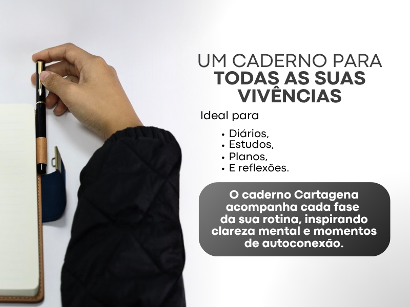Banner quadrado do Caderno Cartagena Lumai azul com mão segurando e caneta, texto: Um Caderno para Todas as Suas Vivências — ideal para diários, estudos, planos e reflexões, clareza mental e autoconexão.