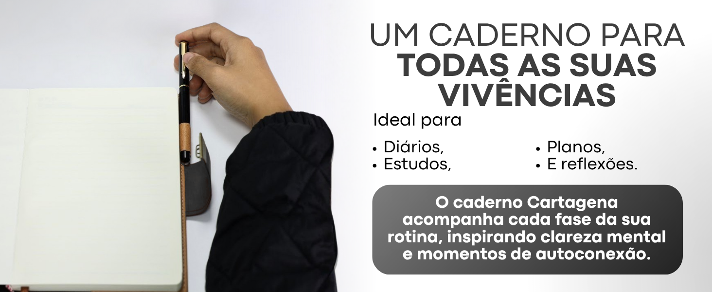 Banner horizontal do Caderno Cartagena LUMAI grafite com a frase Um Caderno Para Todas as Suas Vivências, ideal para diários, estudos, planos e reflexões