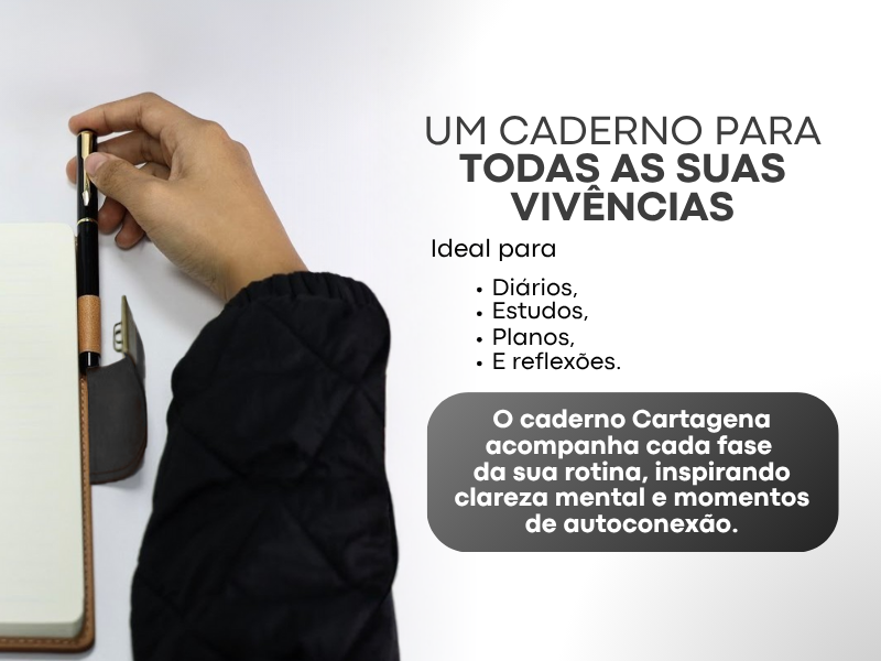 Banner quadrado do Caderno Cartagena LUMAI grafite com a frase Um Caderno Para Todas as Suas Vivências, ideal para diários, estudos, planos e reflexões